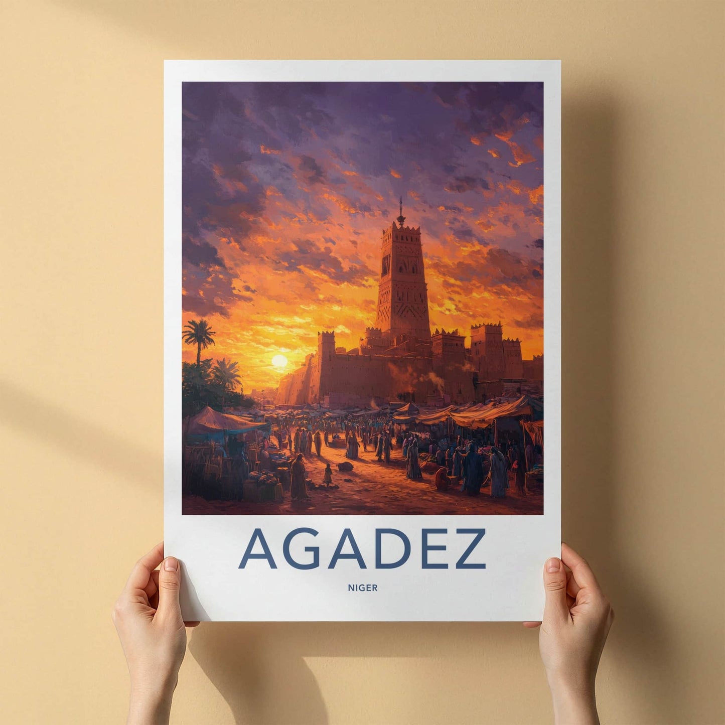 Agadez Poster - Niger Travel Art - Desert Market Sunset Home Decor
