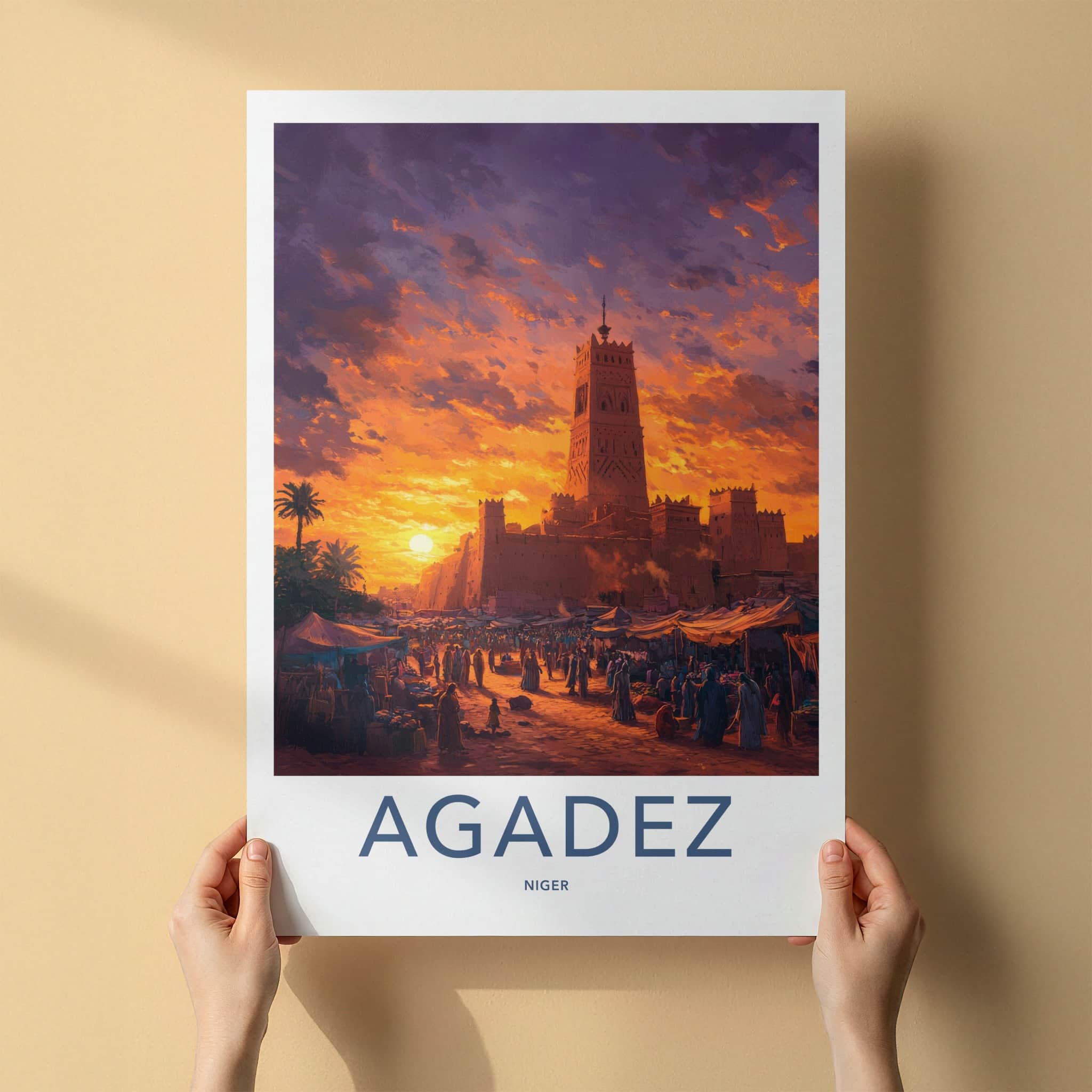 Agadez Poster - Niger Travel Art - Desert Market Sunset Home Decor