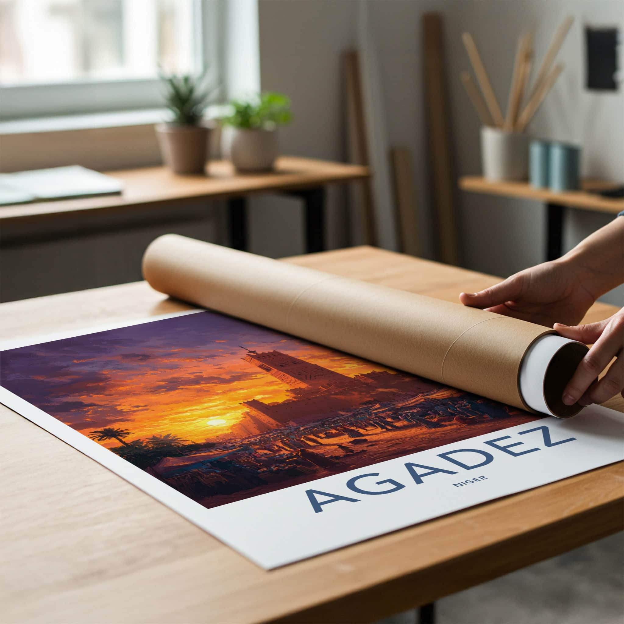 Agadez Poster - Niger Travel Art - Desert Market Sunset Home Decor