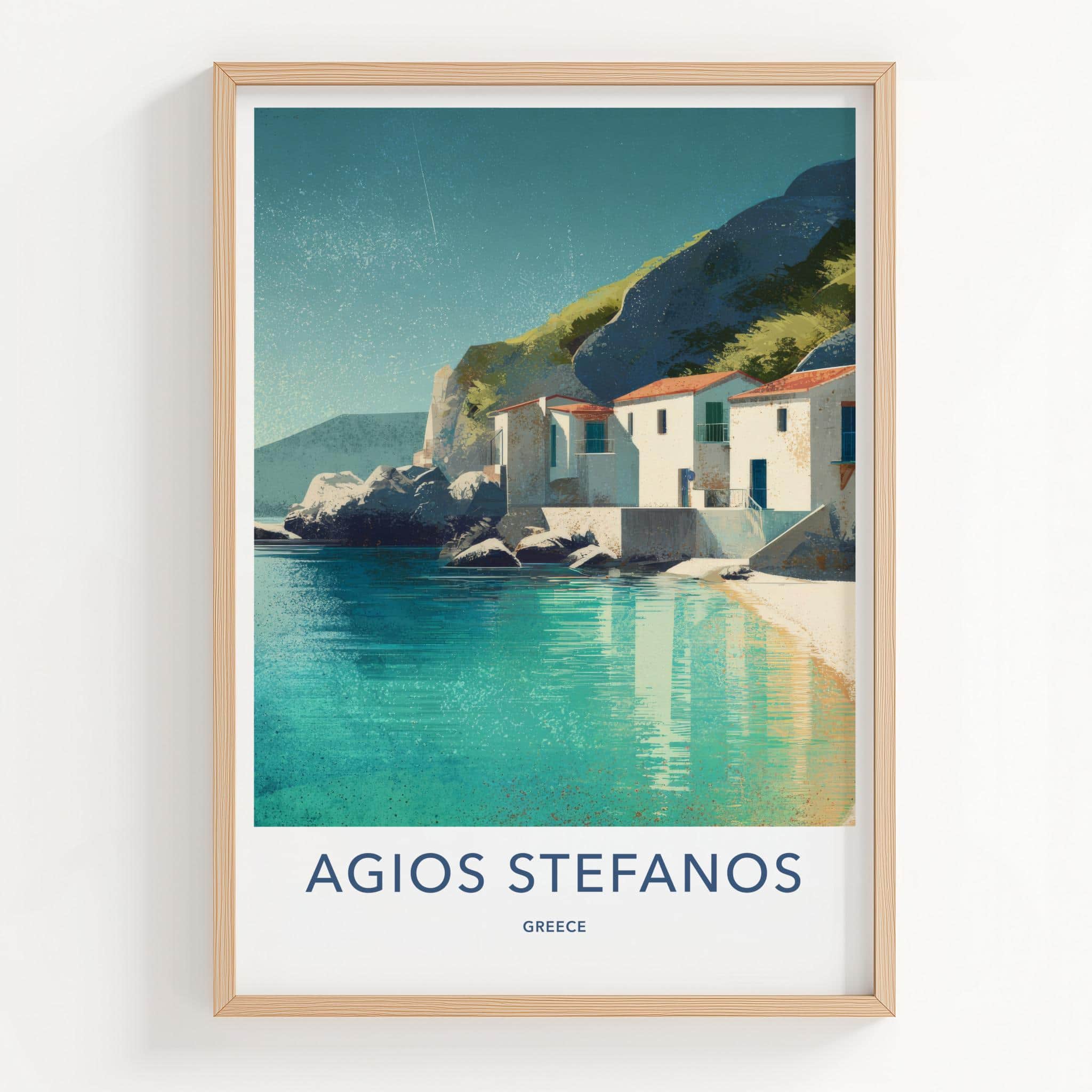 Agios Stefanos Poster - Greece Travel Art - Turquoise Waterside Homes Home Decor