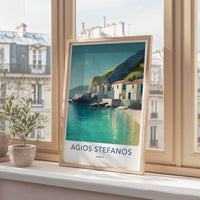 Agios Stefanos Poster - Greece Travel Art - Turquoise Waterside Homes Home Decor