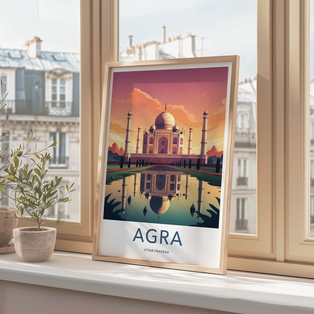 Agra Poster - India Art Print - Uttar Pradesh Sunset Palace Reflection Gift