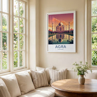 Agra Poster - India Art Print - Uttar Pradesh Sunset Palace Reflection Gift