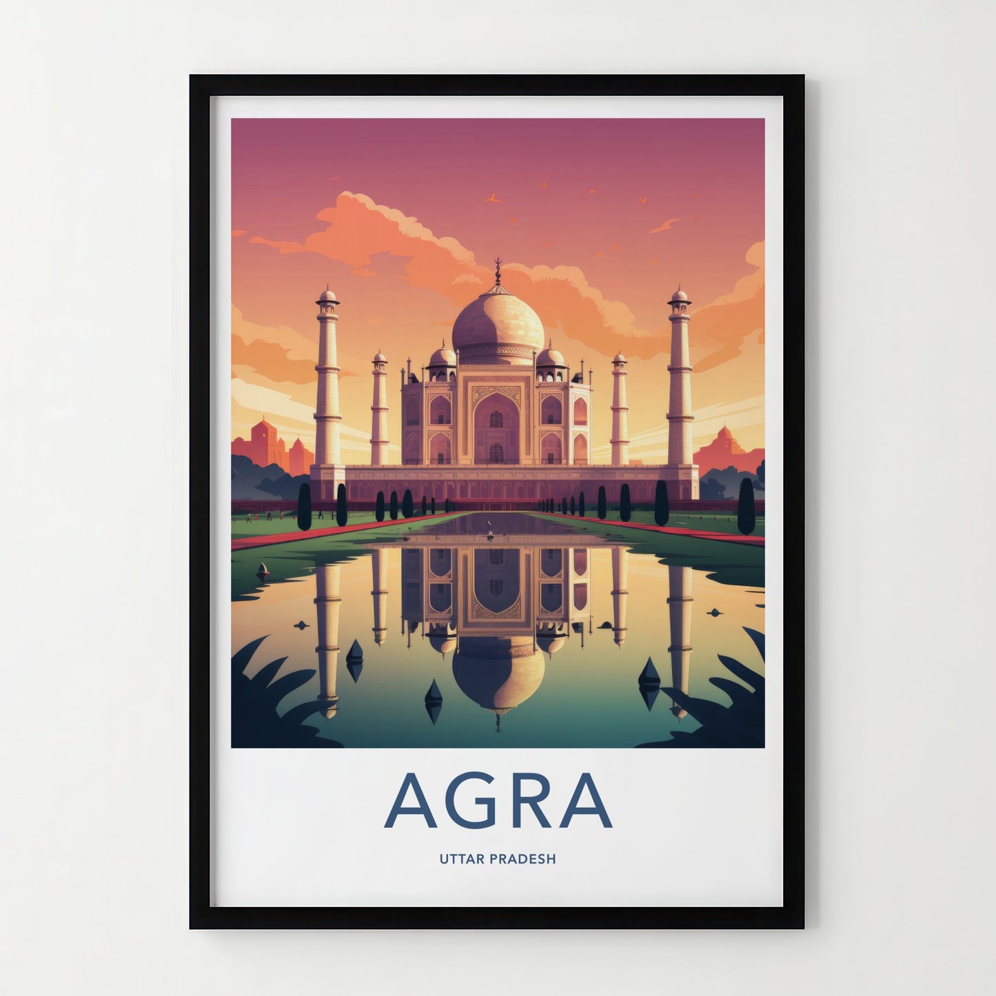 Agra Poster - India Art Print - Uttar Pradesh Sunset Palace Reflection Gift