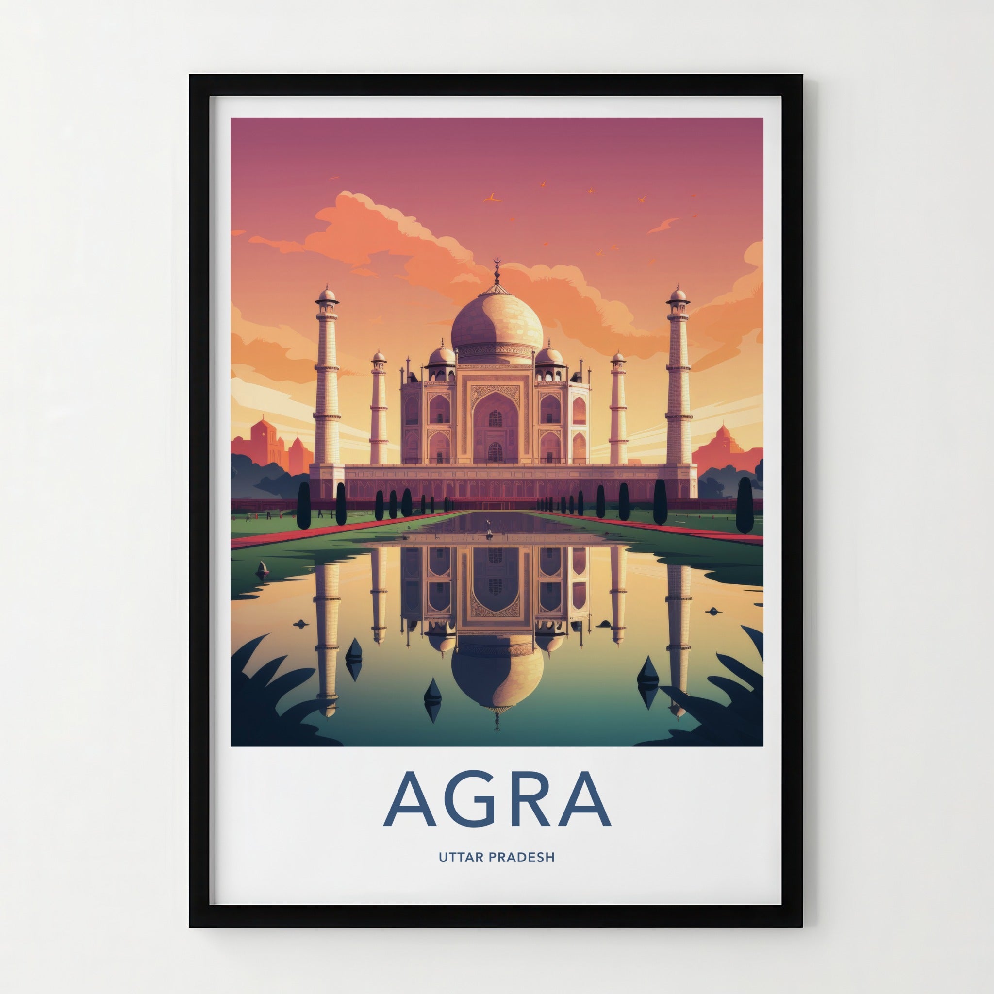 Agra Poster - India Art Print - Uttar Pradesh Sunset Palace Reflection Gift