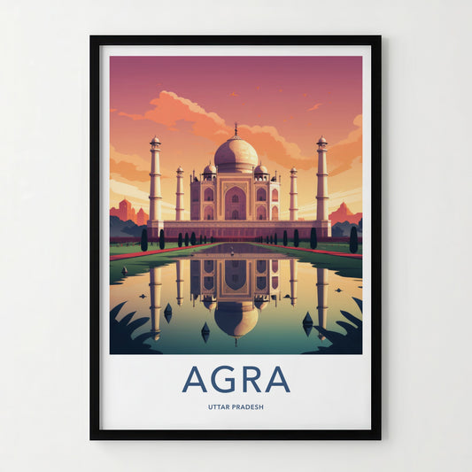 Agra Poster - India Art Print - Uttar Pradesh Sunset Palace Reflection Gift
