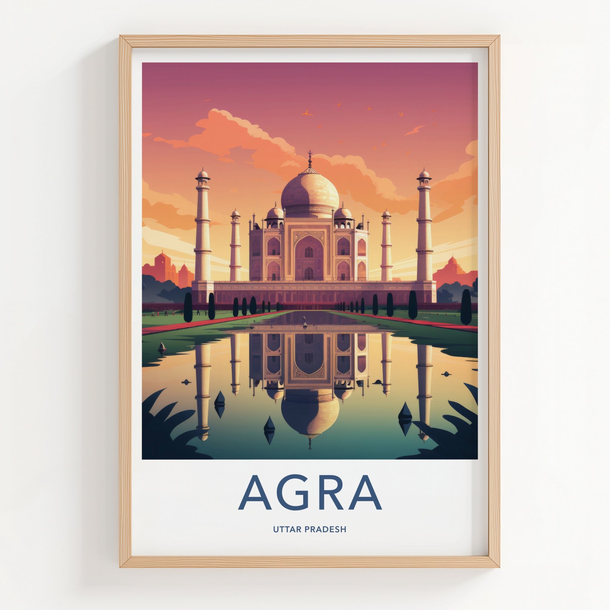 Agra Poster - India Art Print - Uttar Pradesh Sunset Palace Reflection Gift