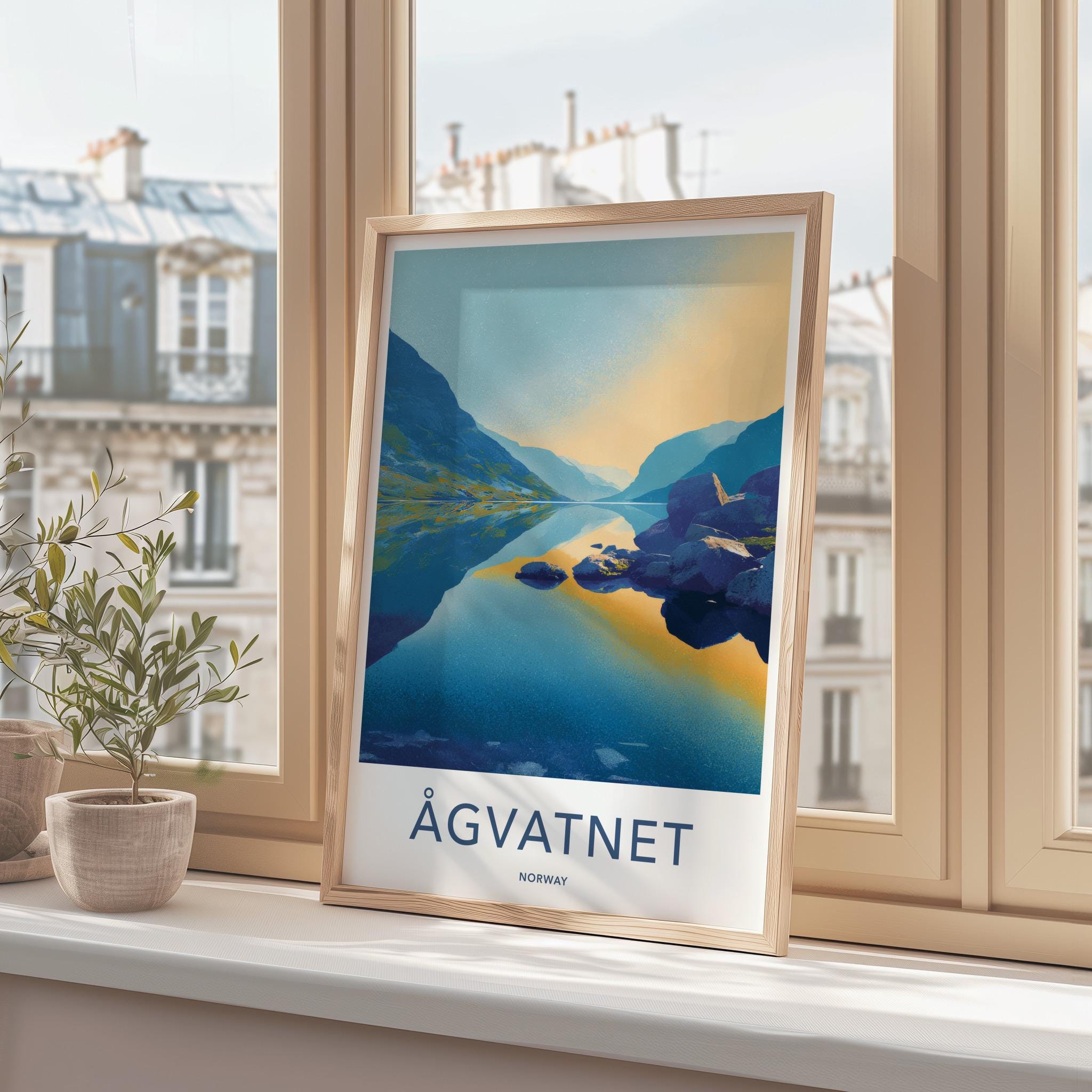 Agvatnet Poster - Norway Travel Art - Mountain lake reflection Home Decor