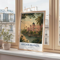 Ahsan Manzil Poster - Bangladesh Travel Illustration - Pink palace river Home Decor