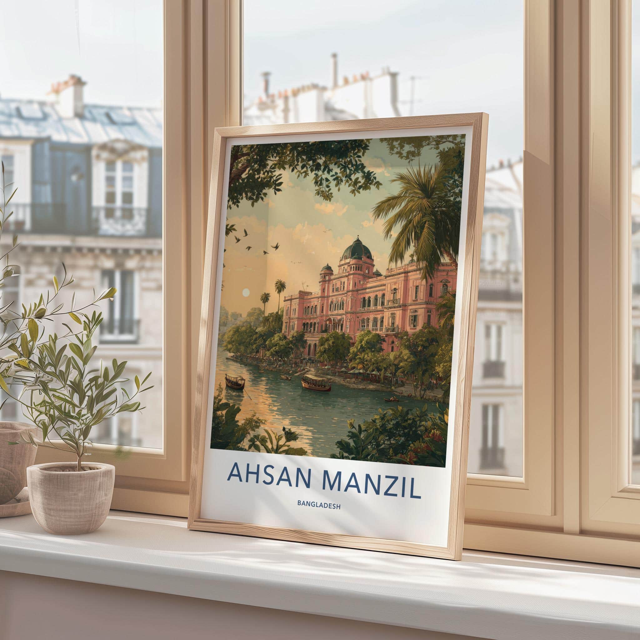 Ahsan Manzil Poster - Bangladesh Travel Illustration - Pink palace river Home Decor