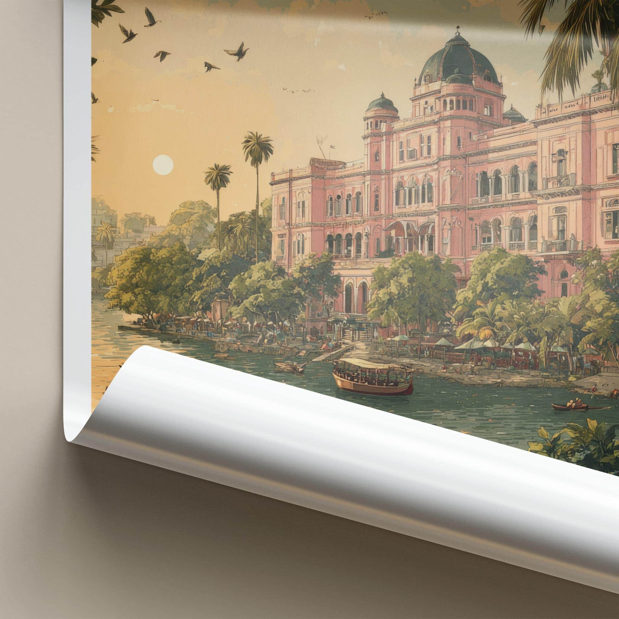Ahsan Manzil Poster - Bangladesh Travel Illustration - Pink palace river Home Decor