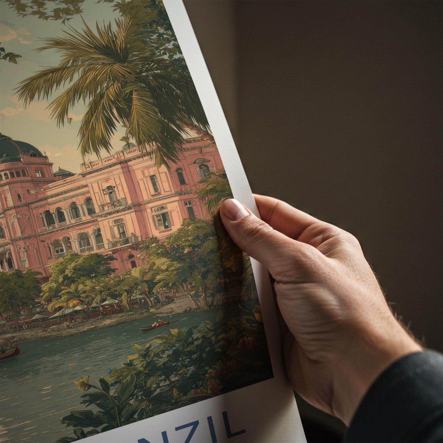 Ahsan Manzil Poster - Bangladesh Travel Illustration - Pink palace river Home Decor