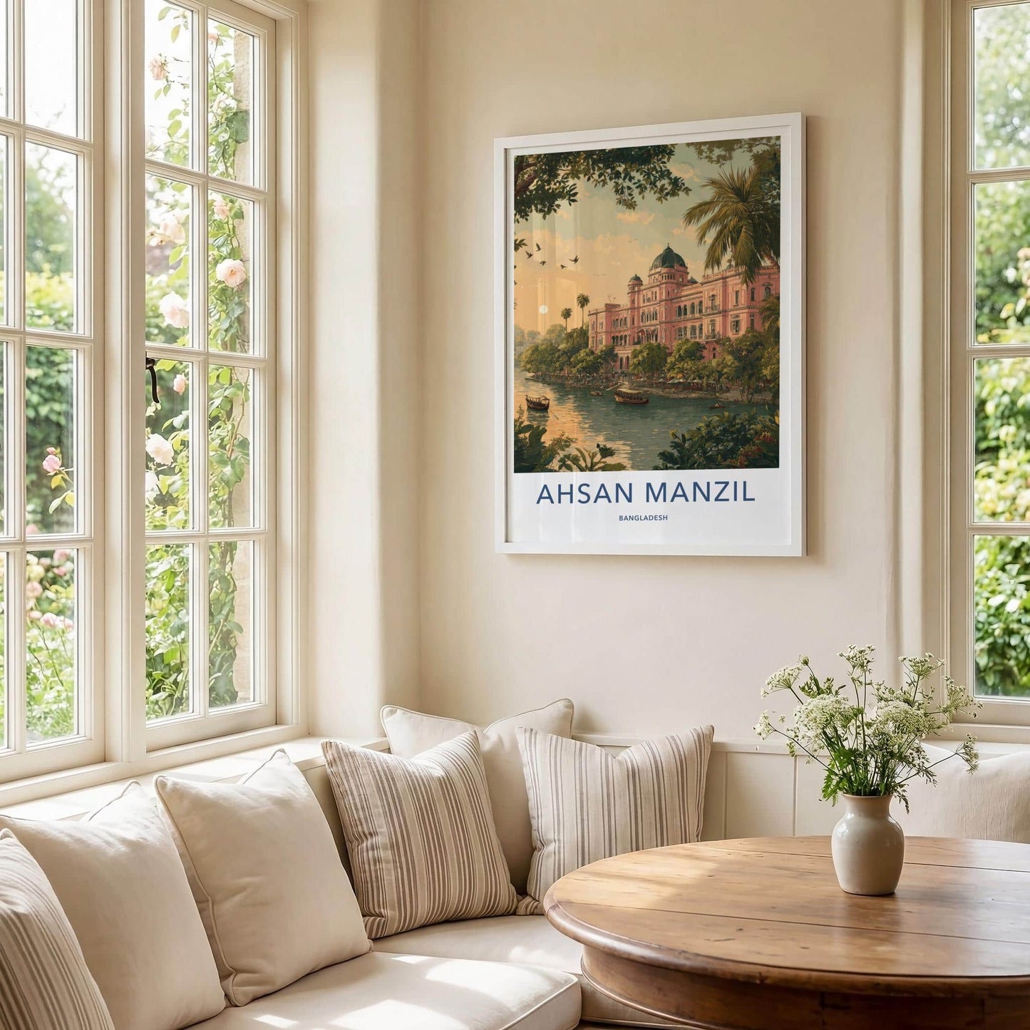 Ahsan Manzil Poster - Bangladesh Travel Illustration - Pink palace river Home Decor