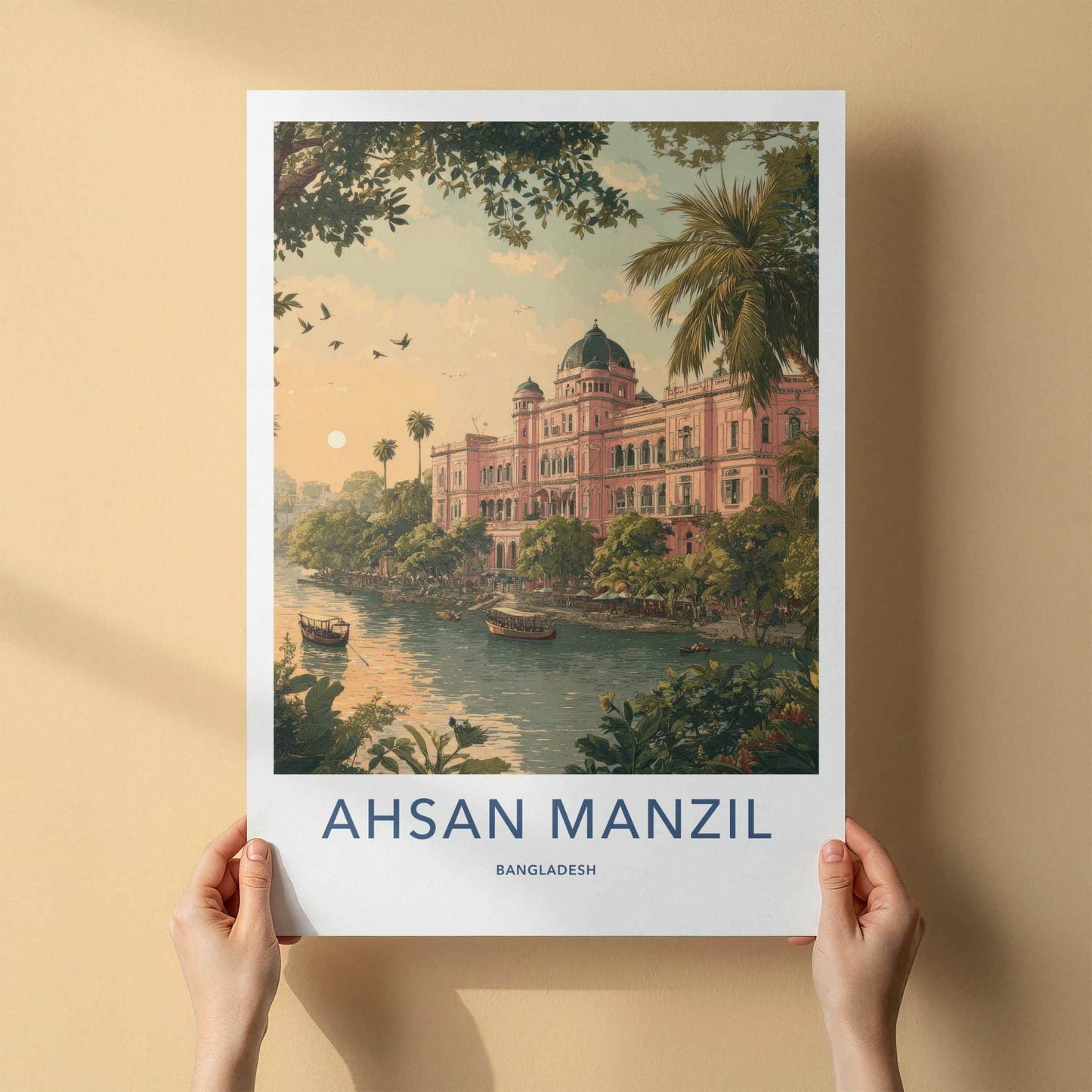 Ahsan Manzil Poster - Bangladesh Travel Illustration - Pink palace river Home Decor