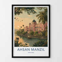 Ahsan Manzil Poster - Bangladesh Travel Illustration - Pink palace river Home Decor