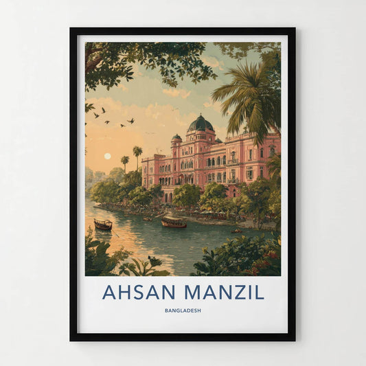 Ahsan Manzil Poster - Bangladesh Travel Illustration - Pink palace river Home Decor