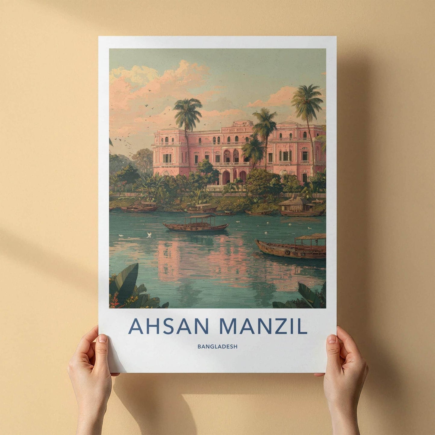 Ahsan Manzil Poster - Bangladesh Travel Illustration - Tropical Pink Palace Home Decor