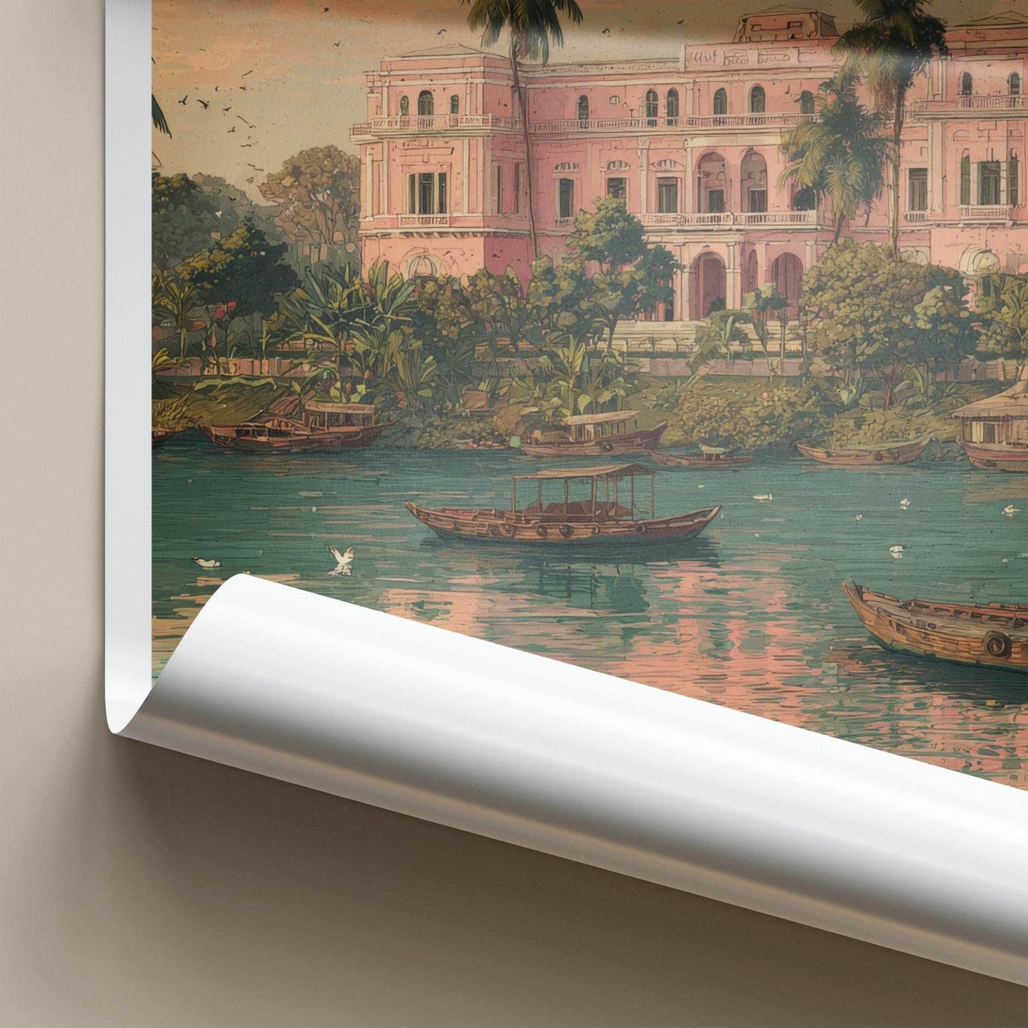 Ahsan Manzil Poster - Bangladesh Travel Illustration - Tropical Pink Palace Home Decor