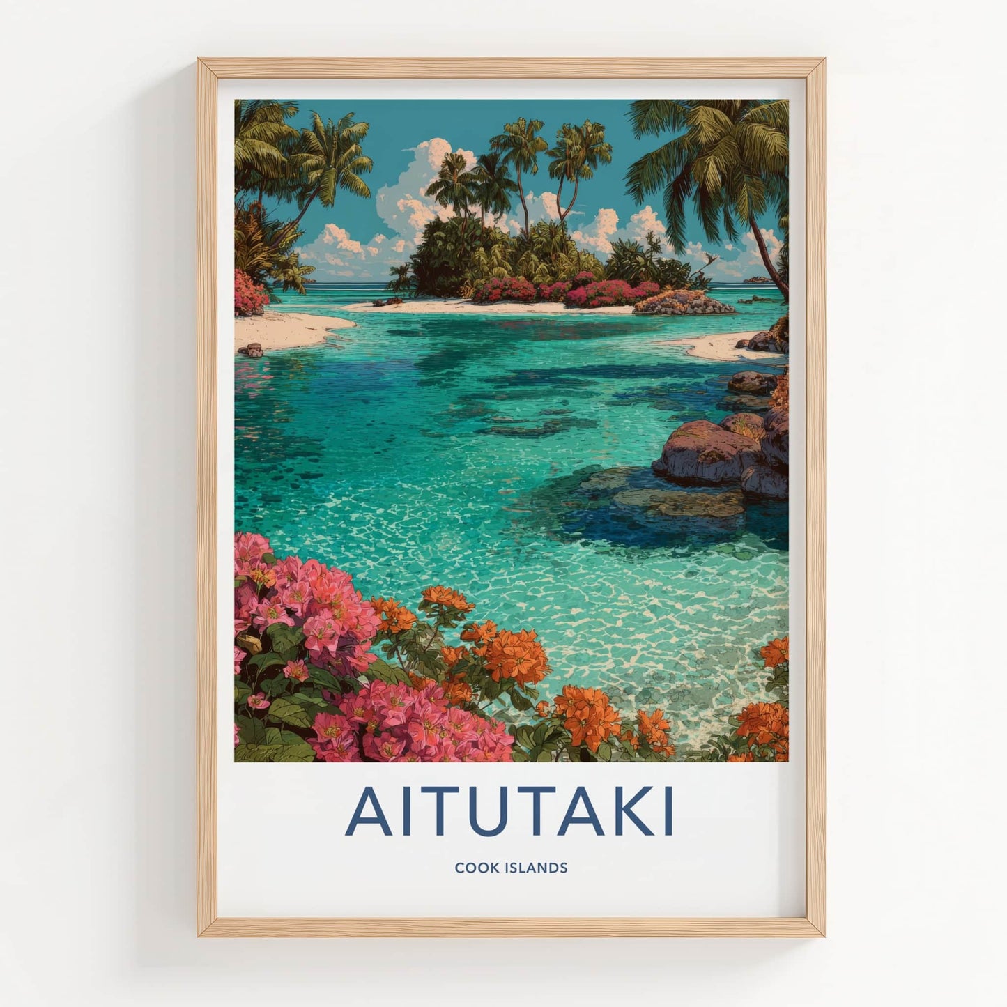 Aitutaki Poster - Cook Islands Travel Art Palm Blue Home Decor