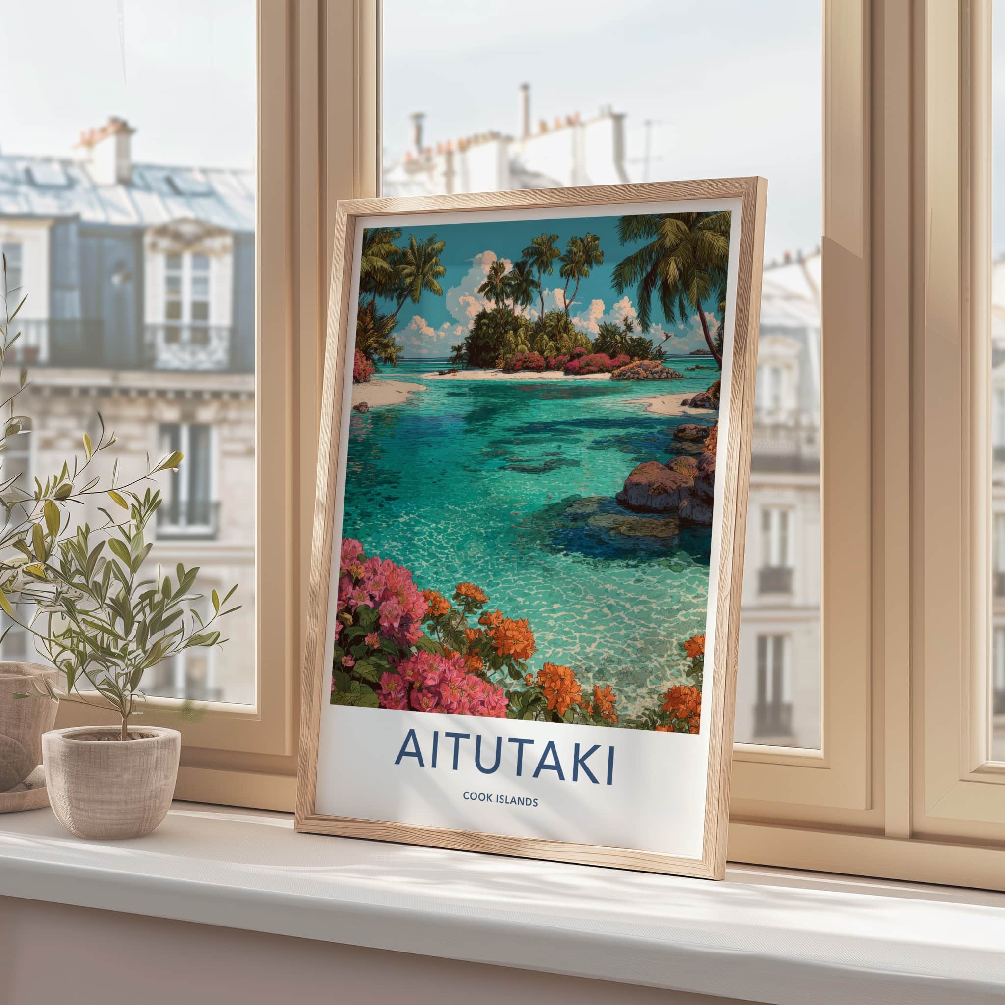 Aitutaki Poster - Cook Islands Travel Art Palm Blue Home Decor