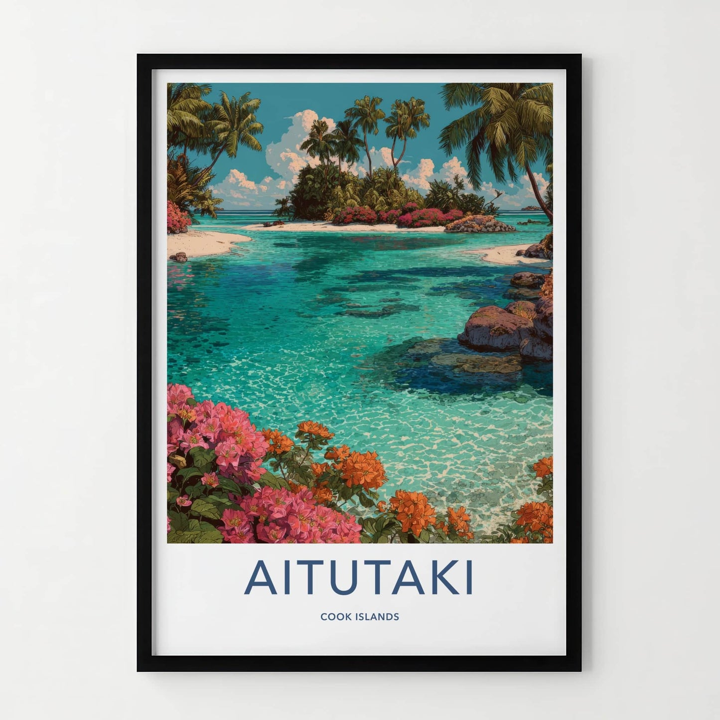 Aitutaki Poster - Cook Islands Travel Art Palm Blue Home Decor