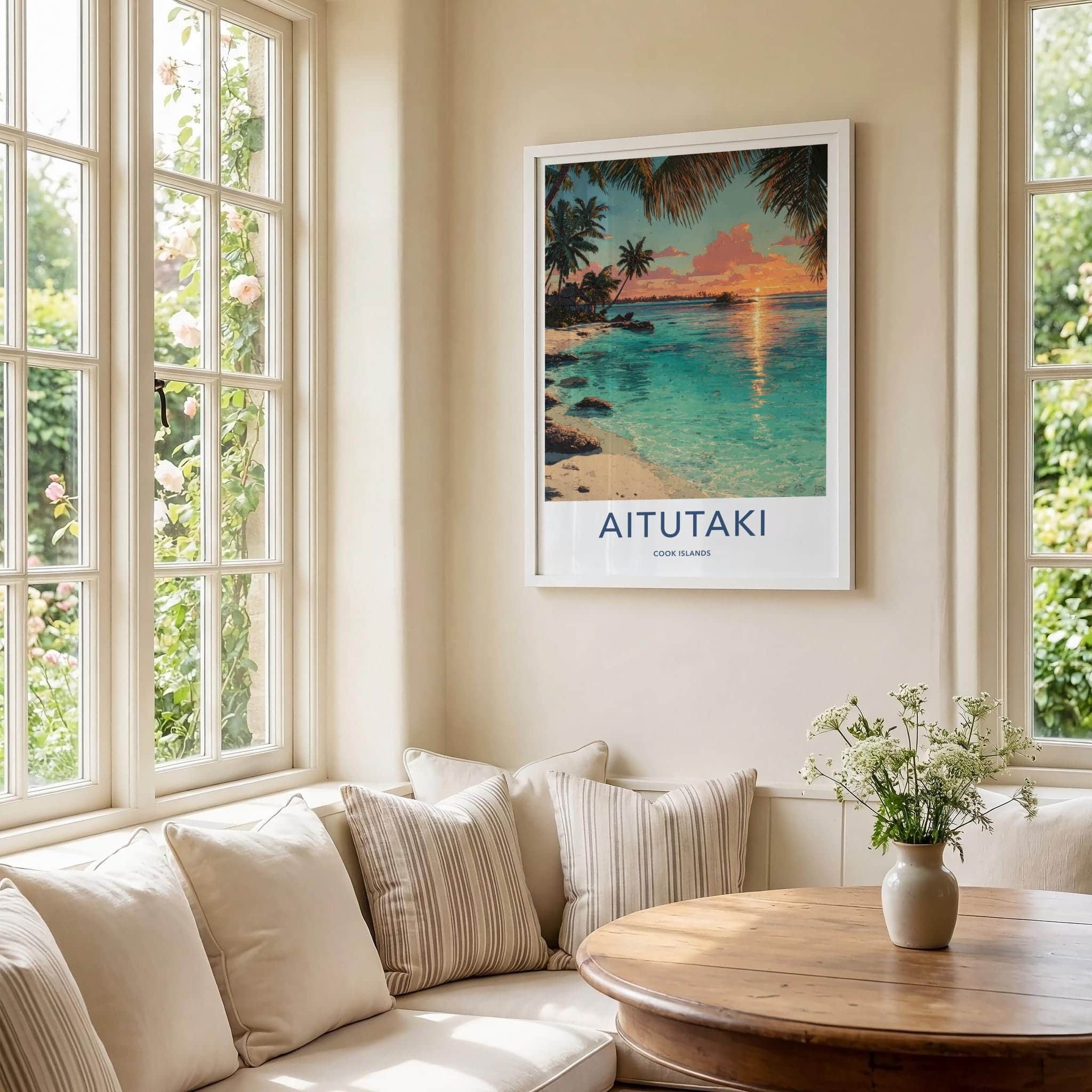Aitutaki Poster - Cook Islands Travel Art - Serene Sunset Beach Home Decor