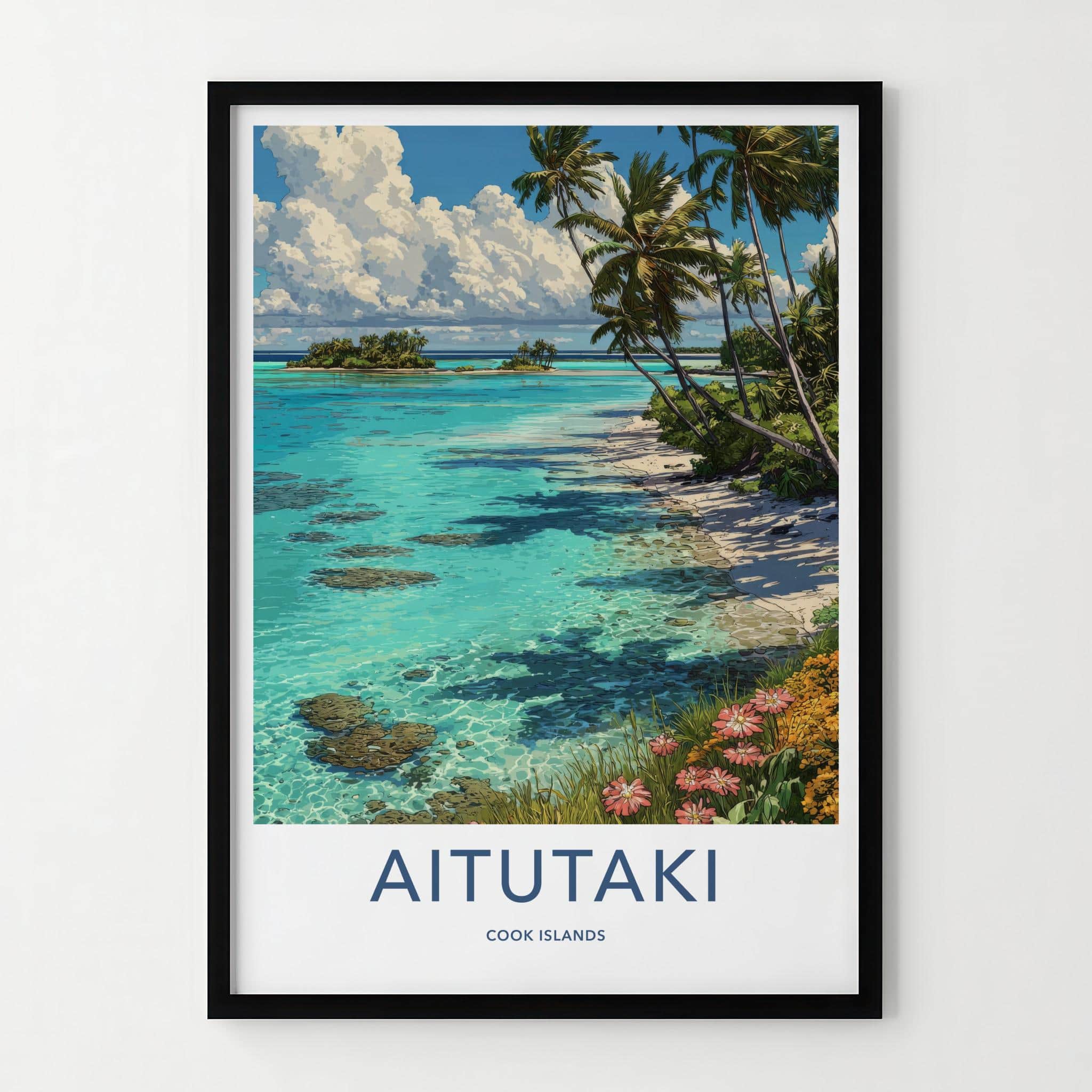 Aitutaki Poster - Cook Islands Travel Illustration - Turquoise Lagoon Palms Wall Decor