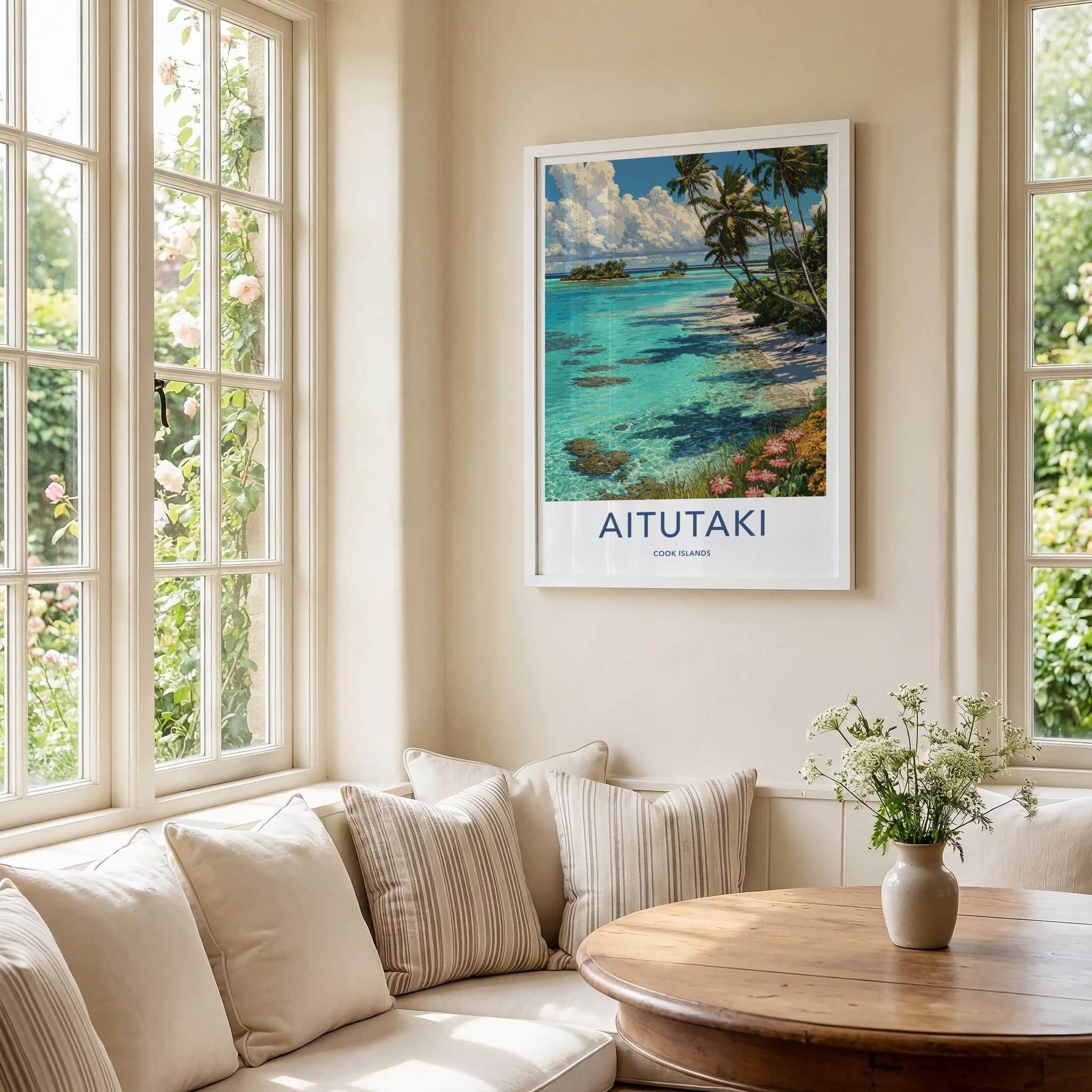 Aitutaki Poster - Cook Islands Travel Illustration - Turquoise Lagoon Palms Wall Decor
