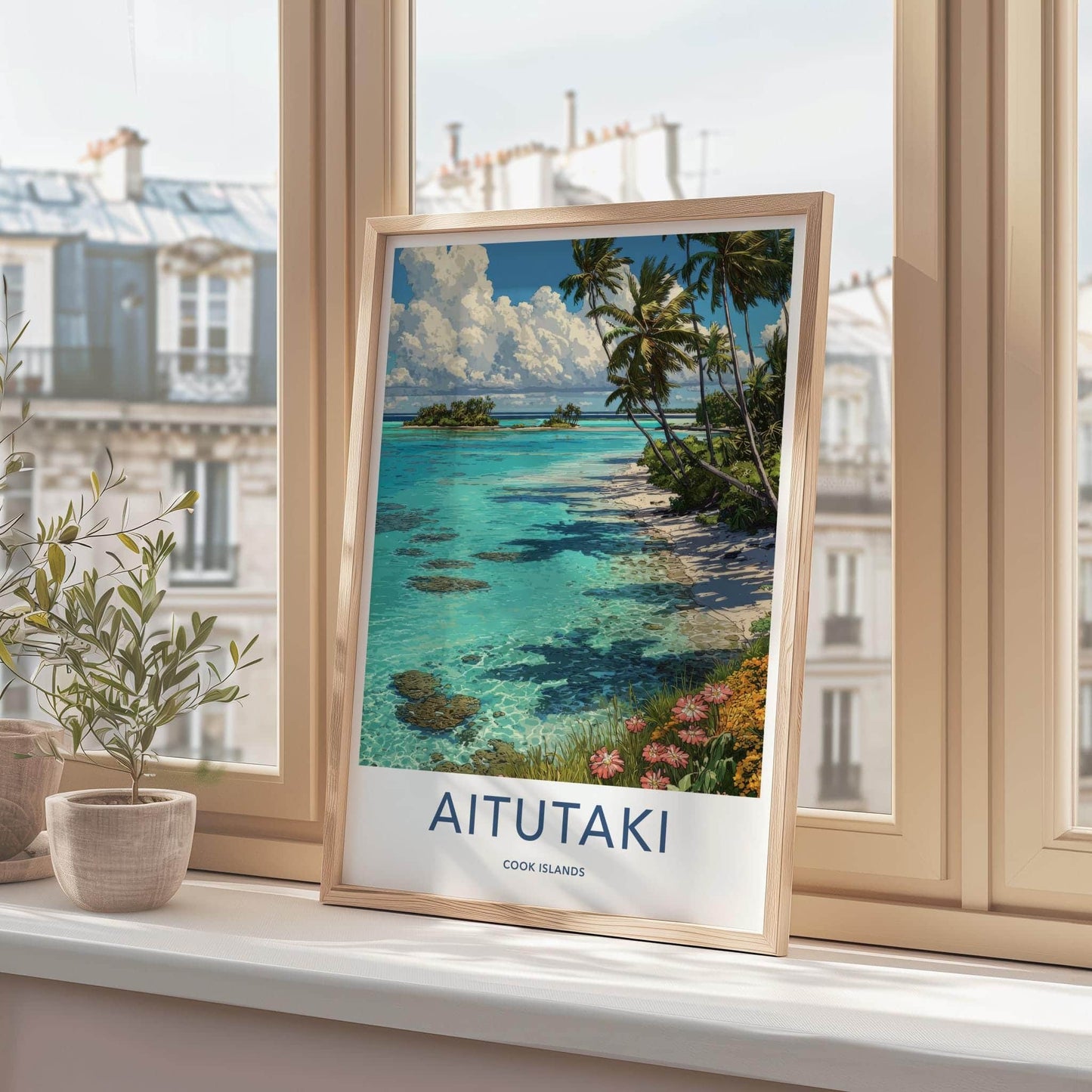 Aitutaki Poster - Cook Islands Travel Illustration - Turquoise Lagoon Palms Wall Decor