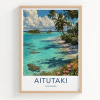 Aitutaki Poster - Cook Islands Travel Illustration - Turquoise Lagoon Palms Wall Decor