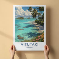 Aitutaki Poster - Cook Islands Travel Illustration - Turquoise Lagoon Palms Wall Decor