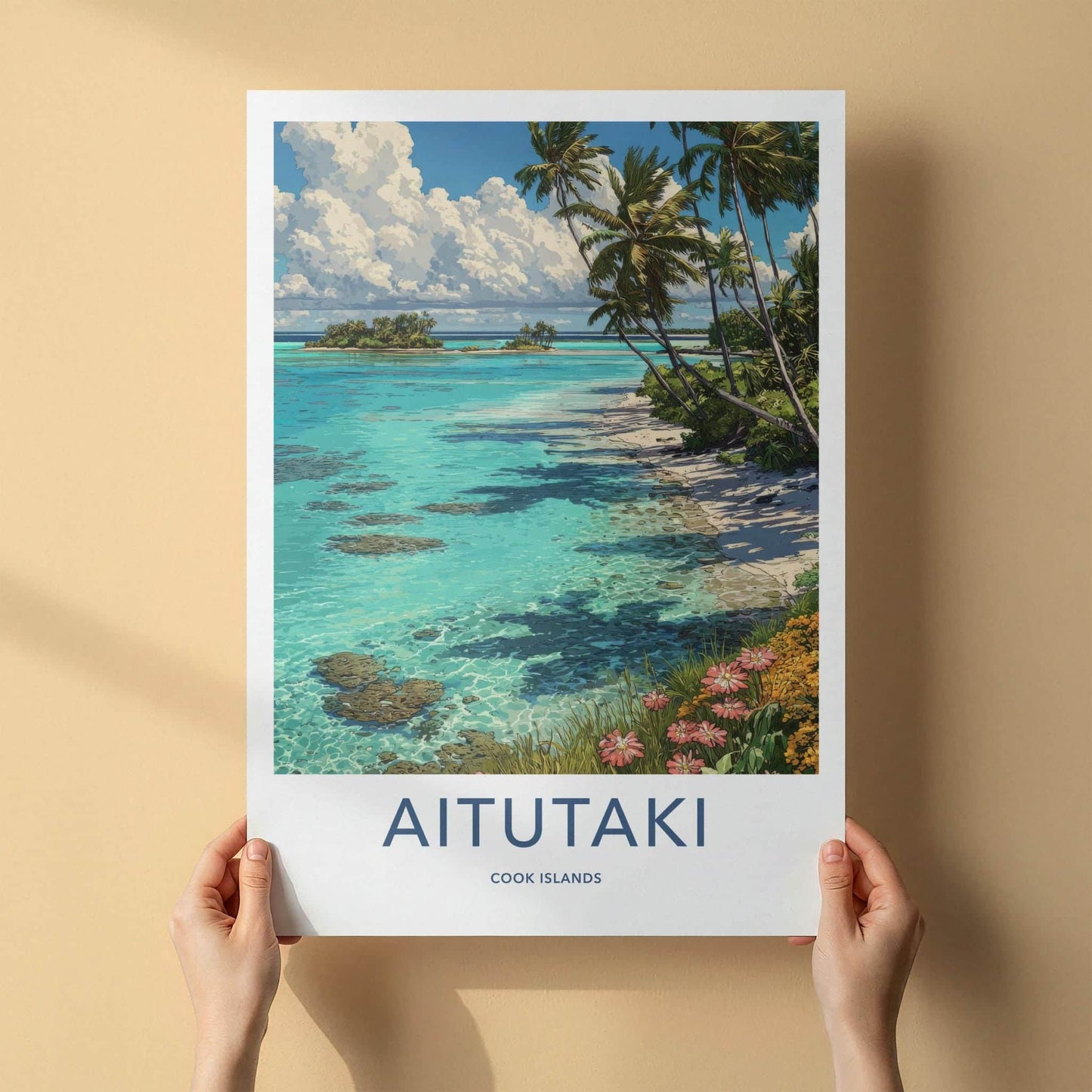 Aitutaki Poster - Cook Islands Travel Illustration - Turquoise Lagoon Palms Wall Decor