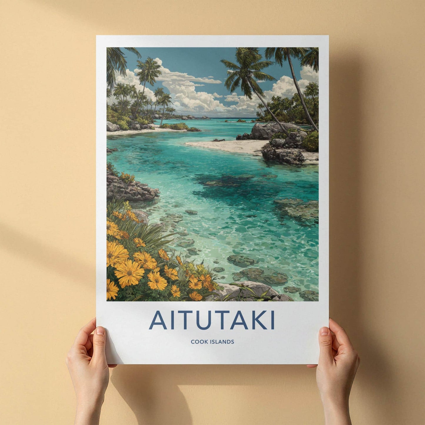 Aitutaki Poster - Cook Islands Travel Illustration - Turquoise Lagoon Wall Decor