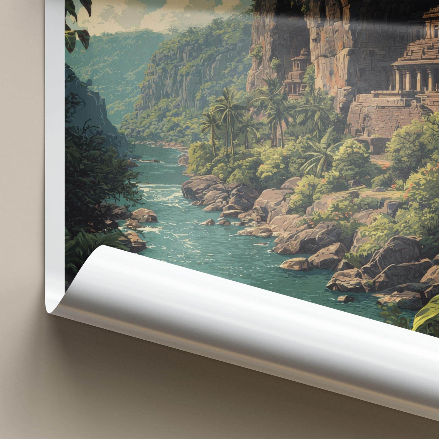 Ajanta Caves Poster - India Travel Art - Maharashtra River Temple Cliffs Wall Decor