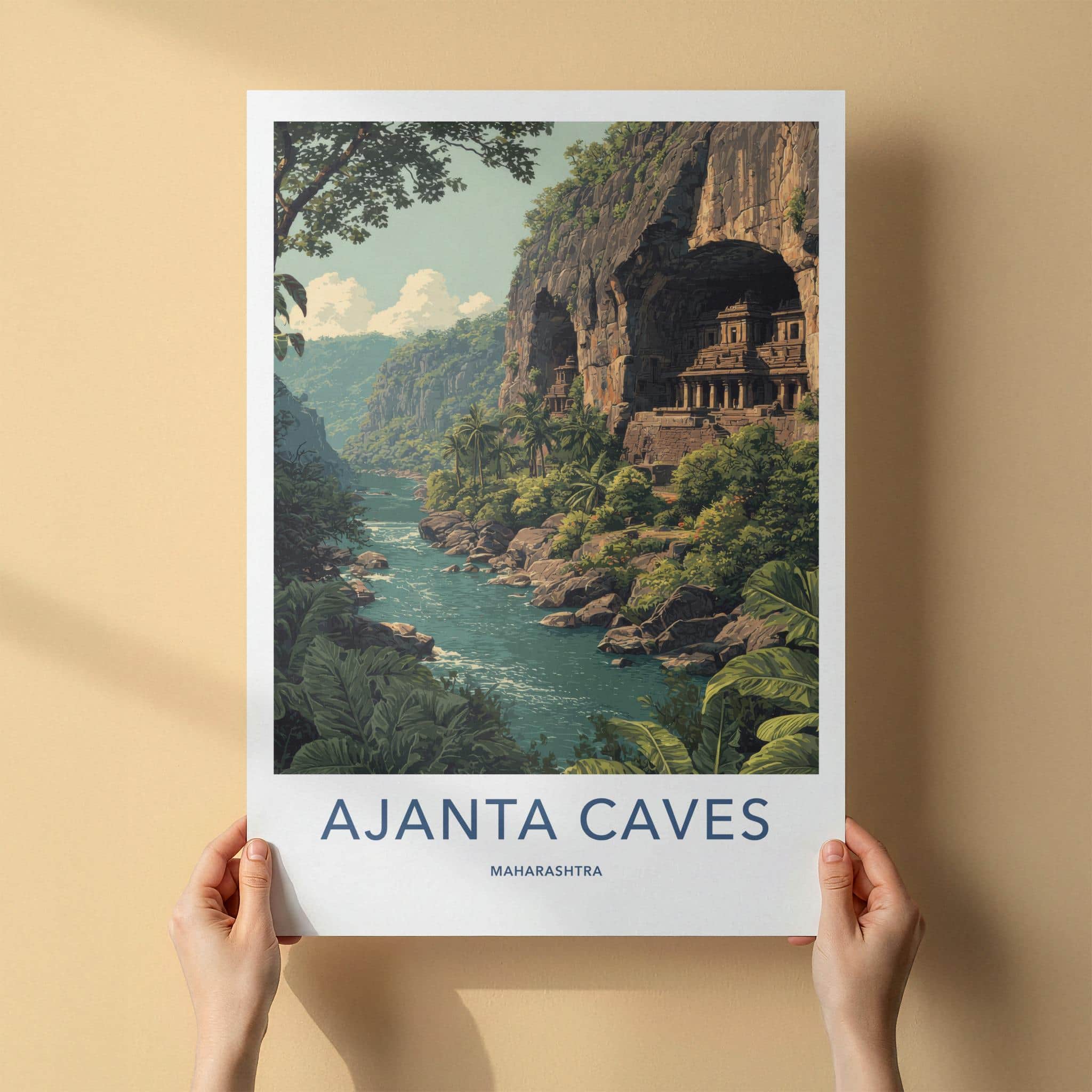 Ajanta Caves Poster - India Travel Art - Maharashtra River Temple Cliffs Wall Decor