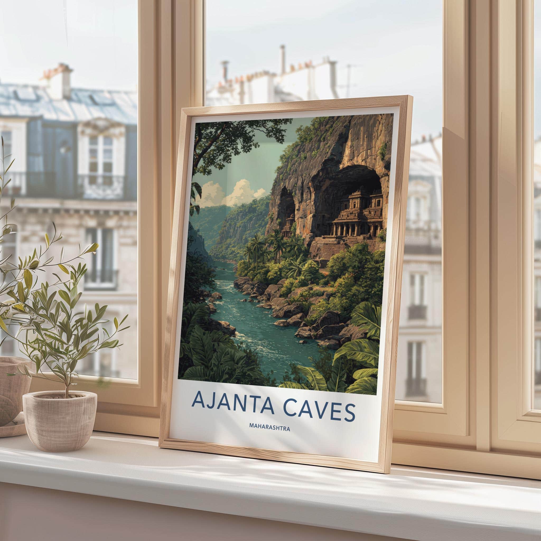 Ajanta Caves Poster - India Travel Art - Maharashtra River Temple Cliffs Wall Decor