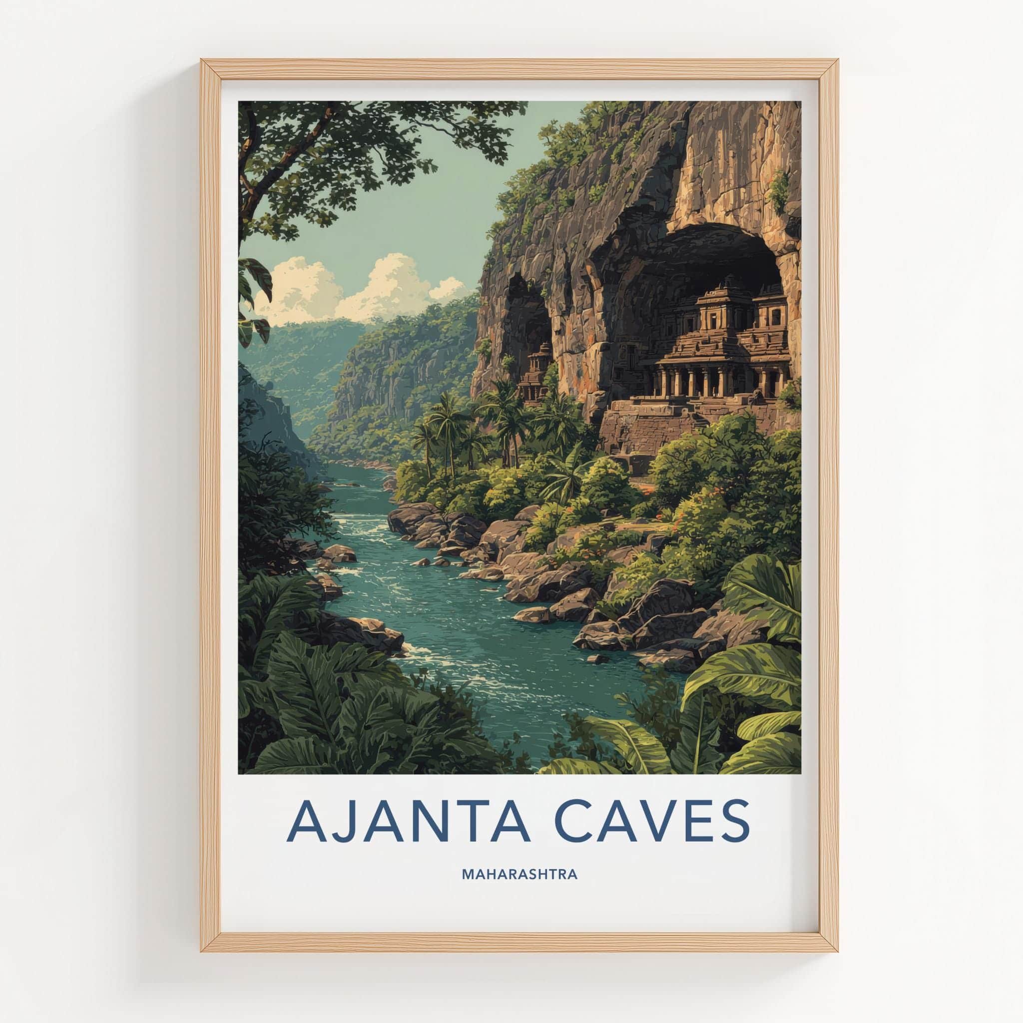 Ajanta Caves Poster - India Travel Art - Maharashtra River Temple Cliffs Wall Decor