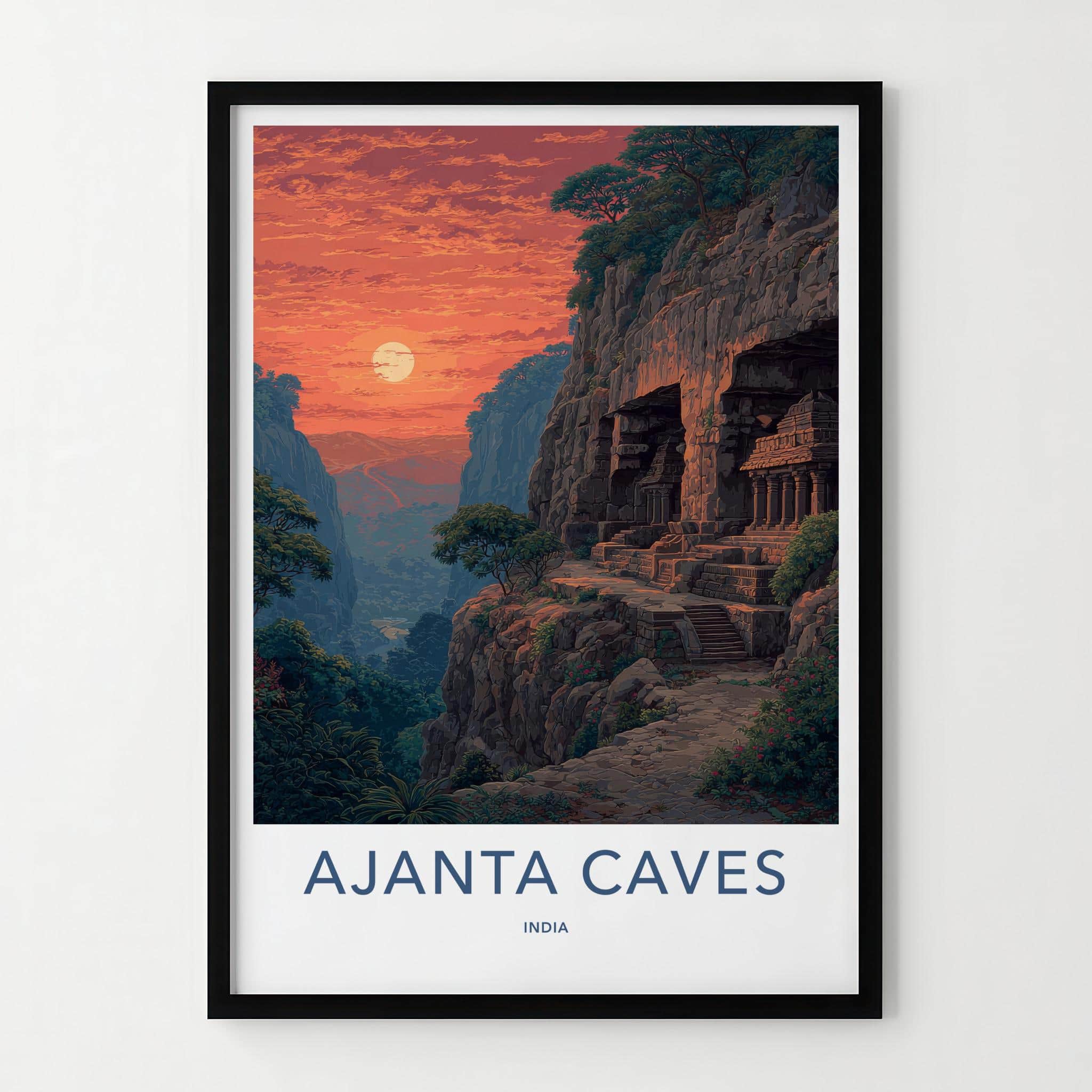 Ajanta Caves Poster - India Travel Illustration - Ancient Caves Sunset Home Decor