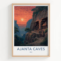 Ajanta Caves Poster - India Travel Illustration - Ancient Caves Sunset Home Decor