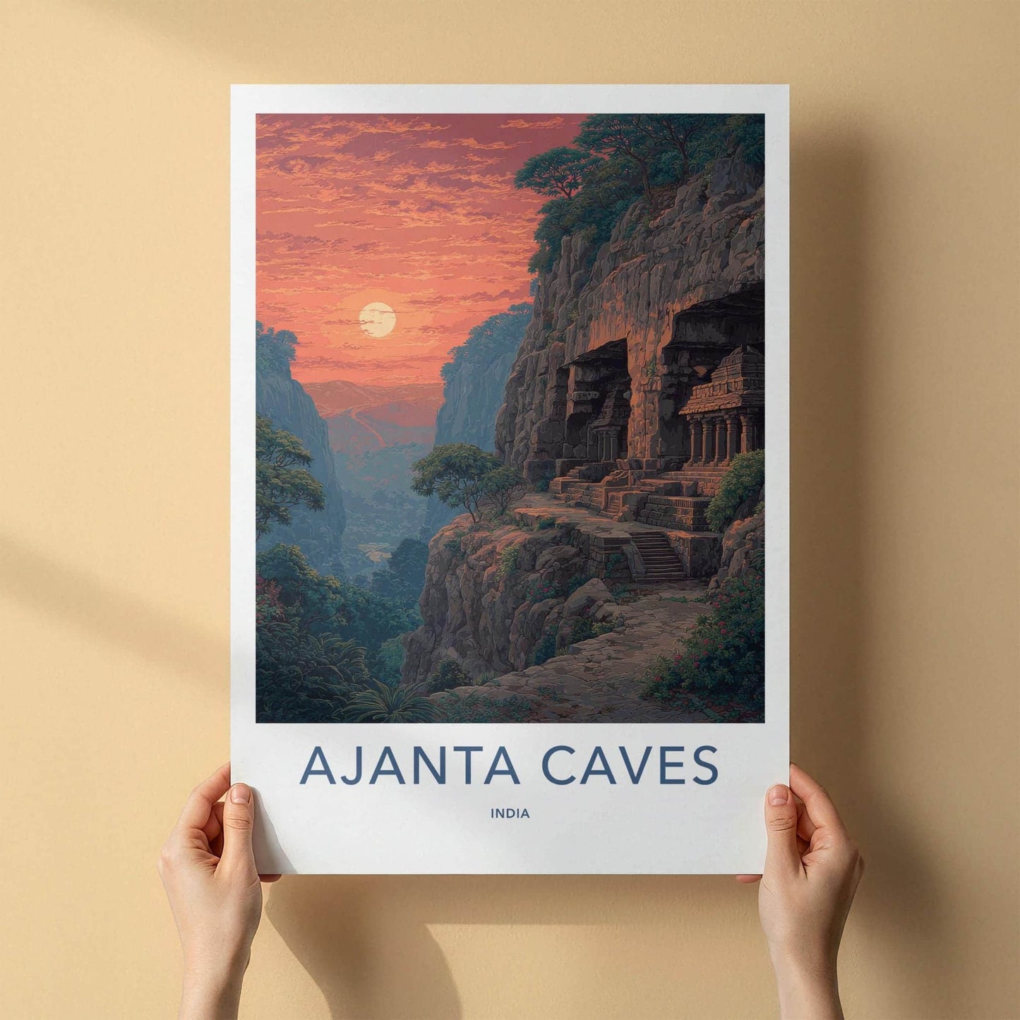 Ajanta Caves Poster - India Travel Illustration - Ancient Caves Sunset Home Decor