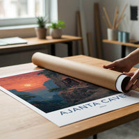Ajanta Caves Poster - India Travel Illustration - Ancient Caves Sunset Home Decor
