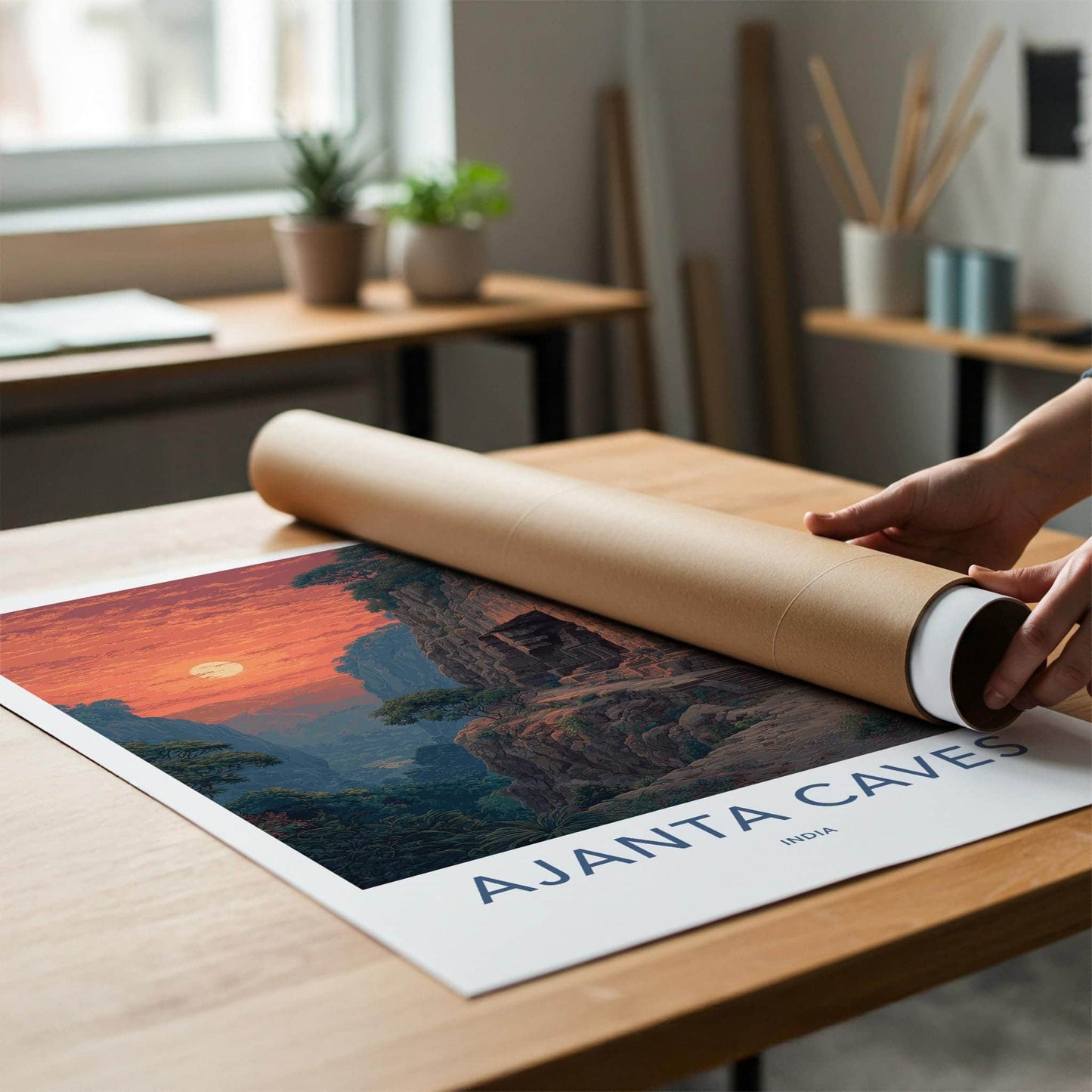Ajanta Caves Poster - India Travel Illustration - Ancient Caves Sunset Home Decor