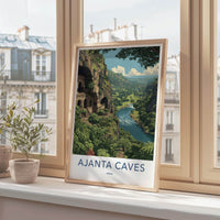 Ajanta Caves Poster - India Travel Illustration - Lush River Valley Home Decor