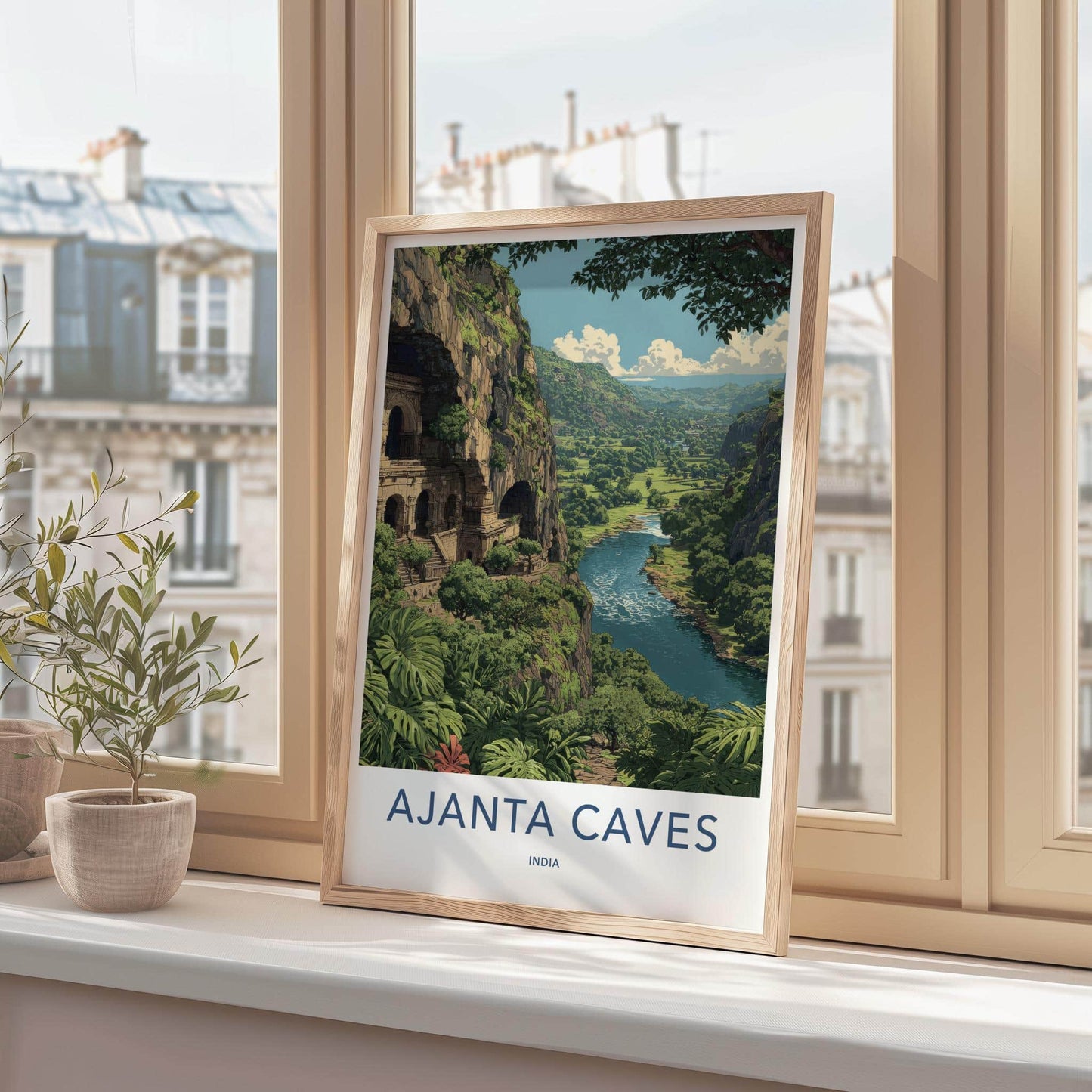 Ajanta Caves Poster - India Travel Illustration - Lush River Valley Home Decor
