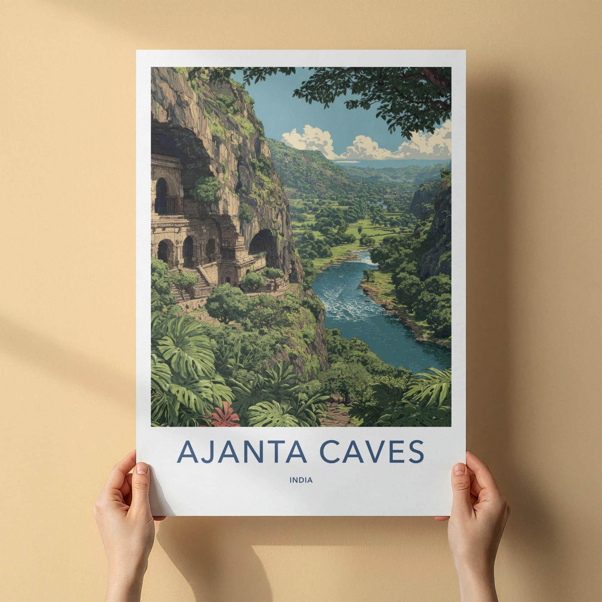 Ajanta Caves Poster - India Travel Illustration - Lush River Valley Home Decor