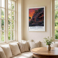 Ajanta Caves Poster - Maharashtra Travel Illustration - Dramatic Sunset Temples Home Decor