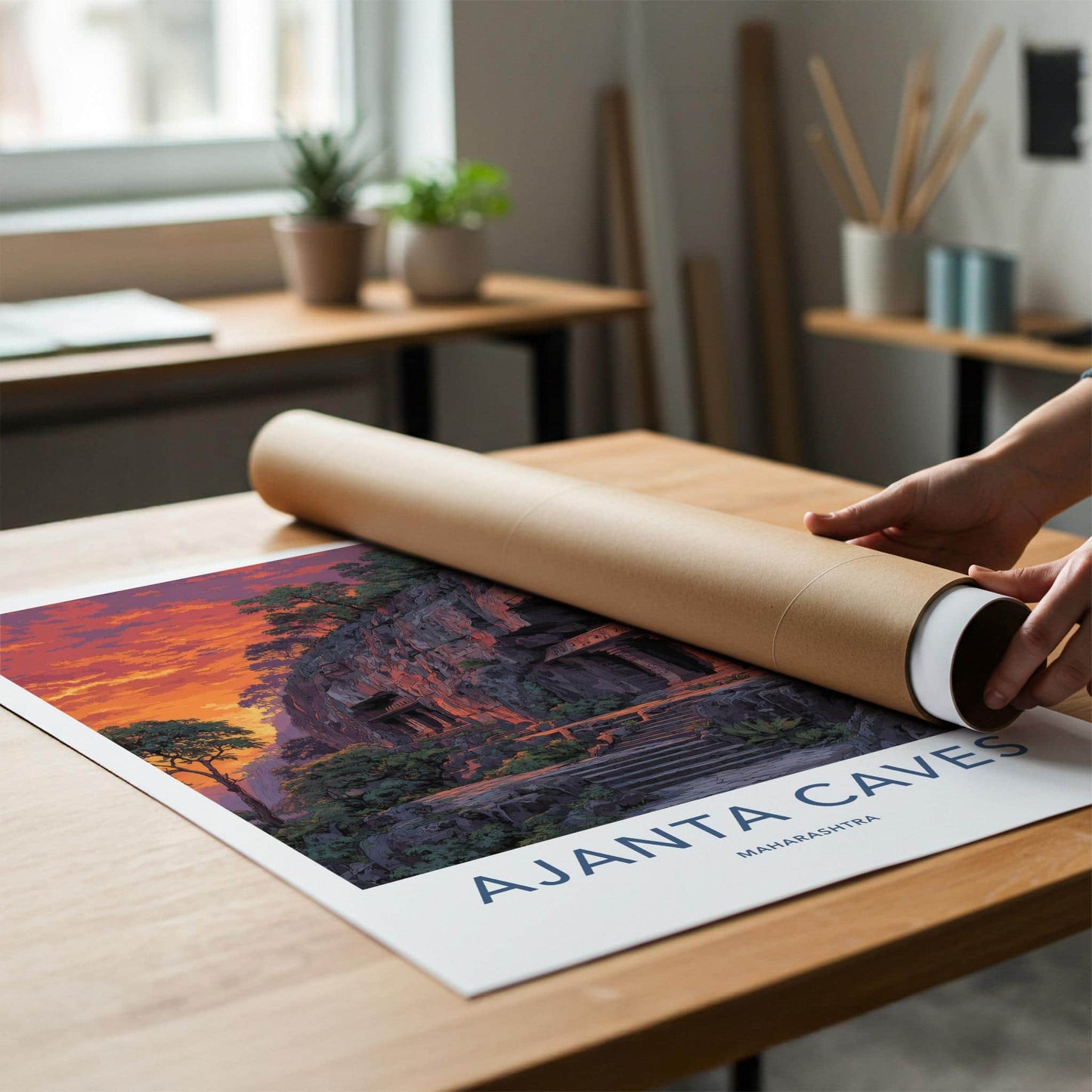 Ajanta Caves Poster - Maharashtra Travel Illustration - Dramatic Sunset Temples Home Decor