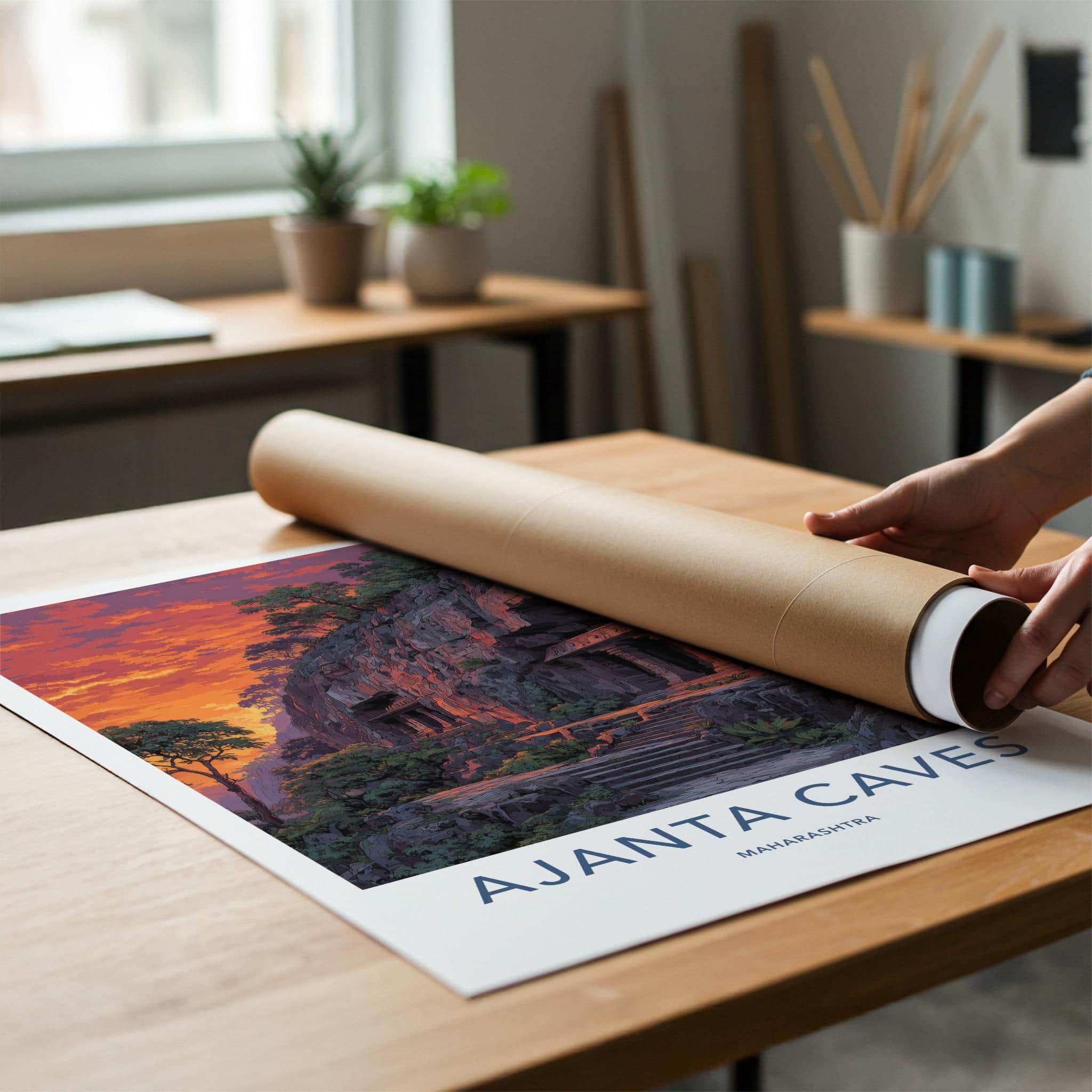 Ajanta Caves Poster - Maharashtra Travel Illustration - Dramatic Sunset Temples Home Decor