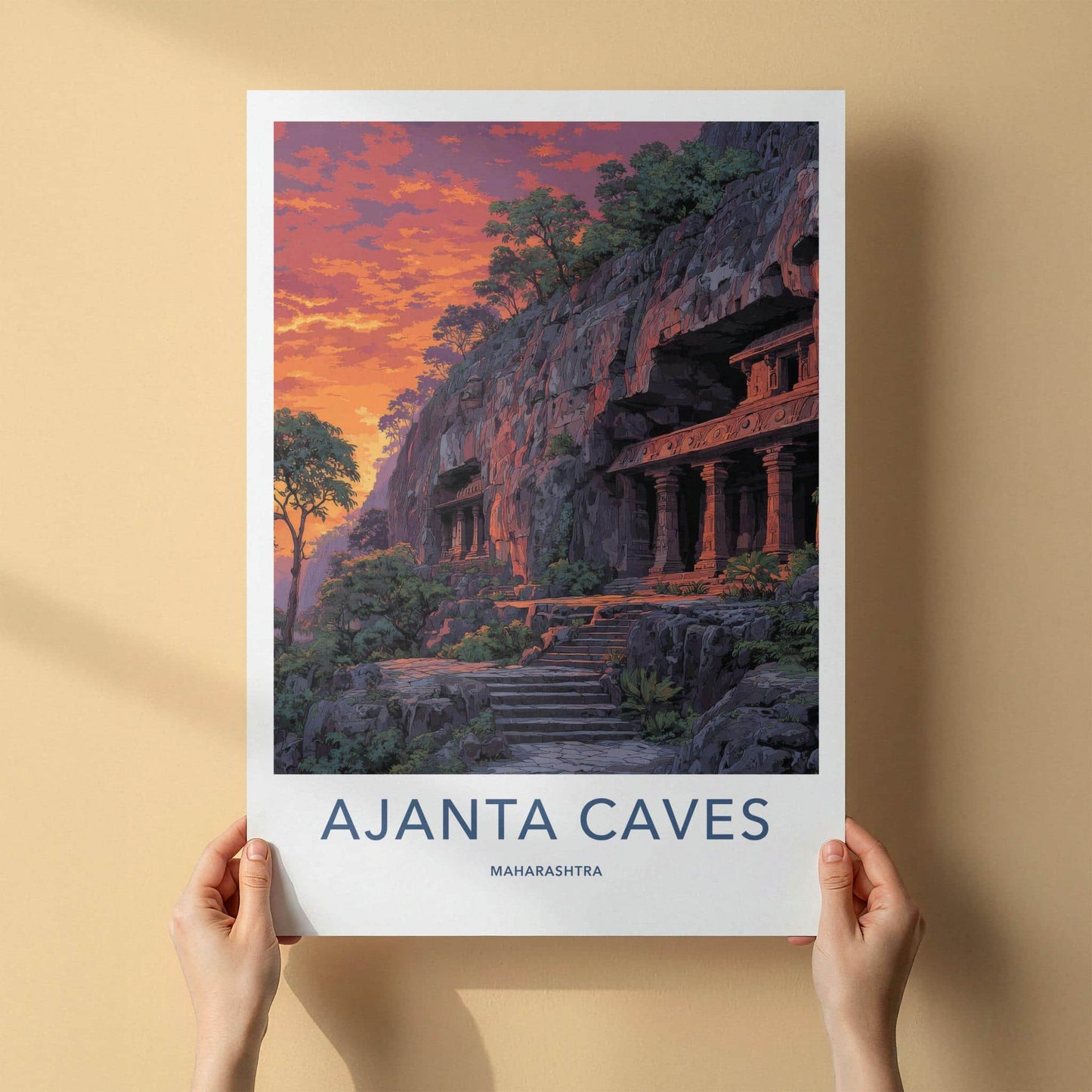 Ajanta Caves Poster - Maharashtra Travel Illustration - Dramatic Sunset Temples Home Decor