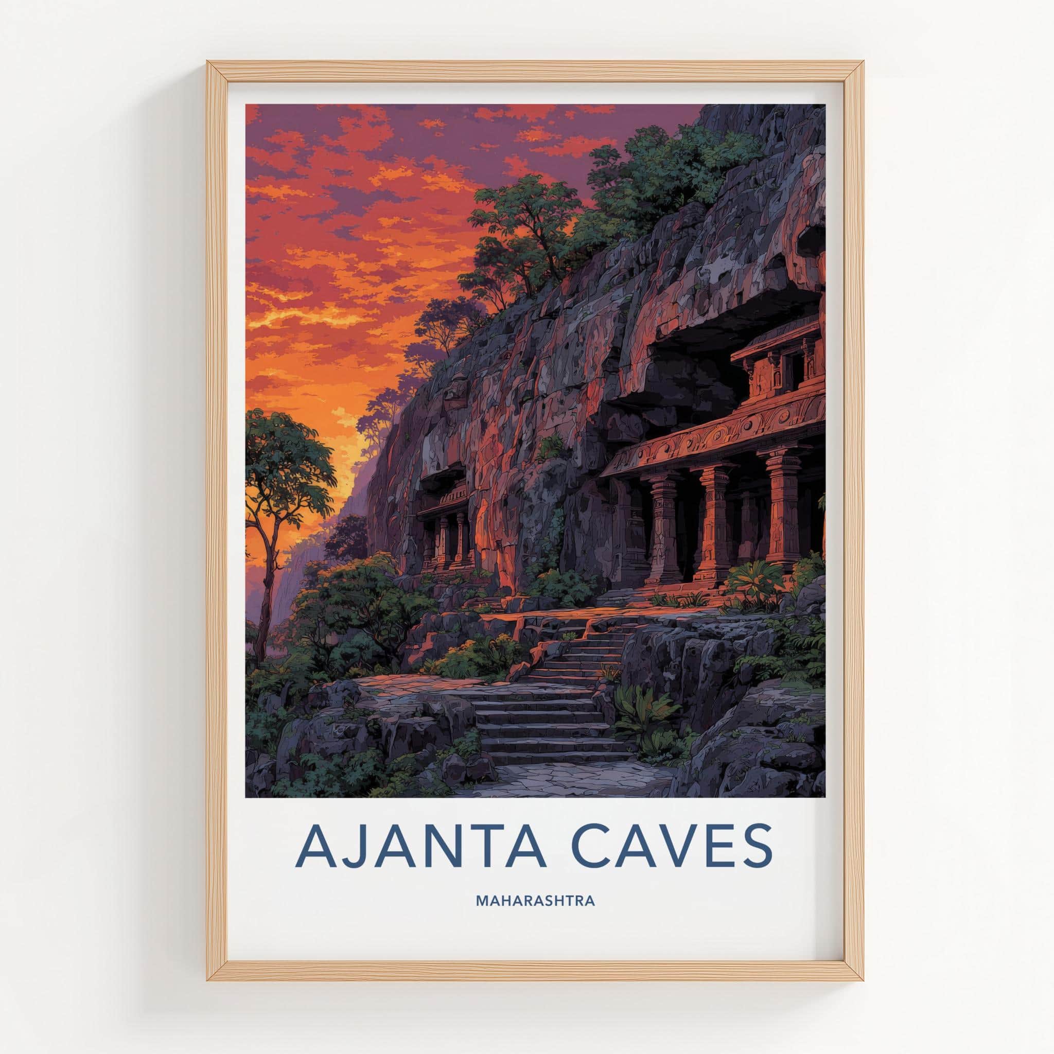Ajanta Caves Poster - Maharashtra Travel Illustration - Dramatic Sunset Temples Home Decor
